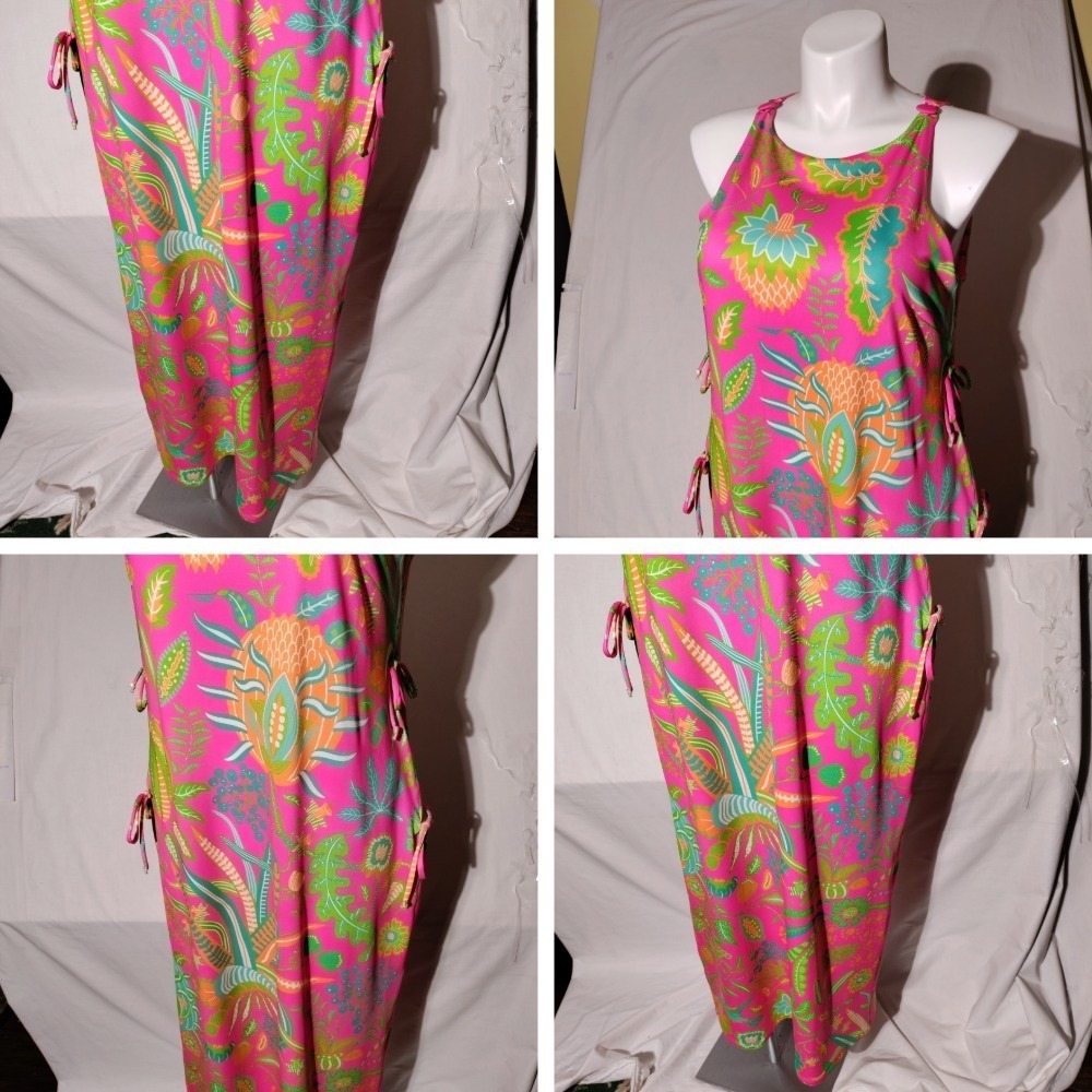 Gretchen Scott XL Pink Hummingbird Heaven Side Tie Sleeveless Maxi Dress Slit - Picture 6 of 10